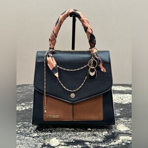 Steve Madden Black and Tan Satchel with Gold Accents